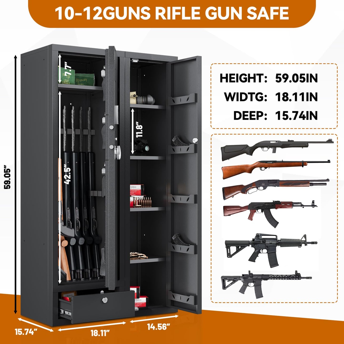 15-20 Gun Safe,Large Gun Safes for Home Rifle and Pistols,Rifle Safe,Gun Cabinets for Rifles and Shotguns,Gun Cabinets,Gun Safes & Cabinets with Drawer,3 Gun Mount,Handgun Pockets and Removable Shelf