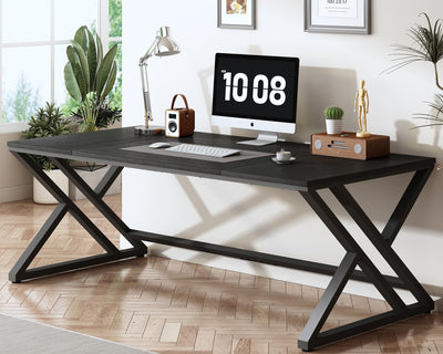 HSH 70.8" Black Computer Desk, Large Modern Workstation Home Office Desk, Long Industrial Study Gaming Work Writing Desk for 2 Person, Farmhouse Double Wood Executive Pc Table with Storage in Bedroom