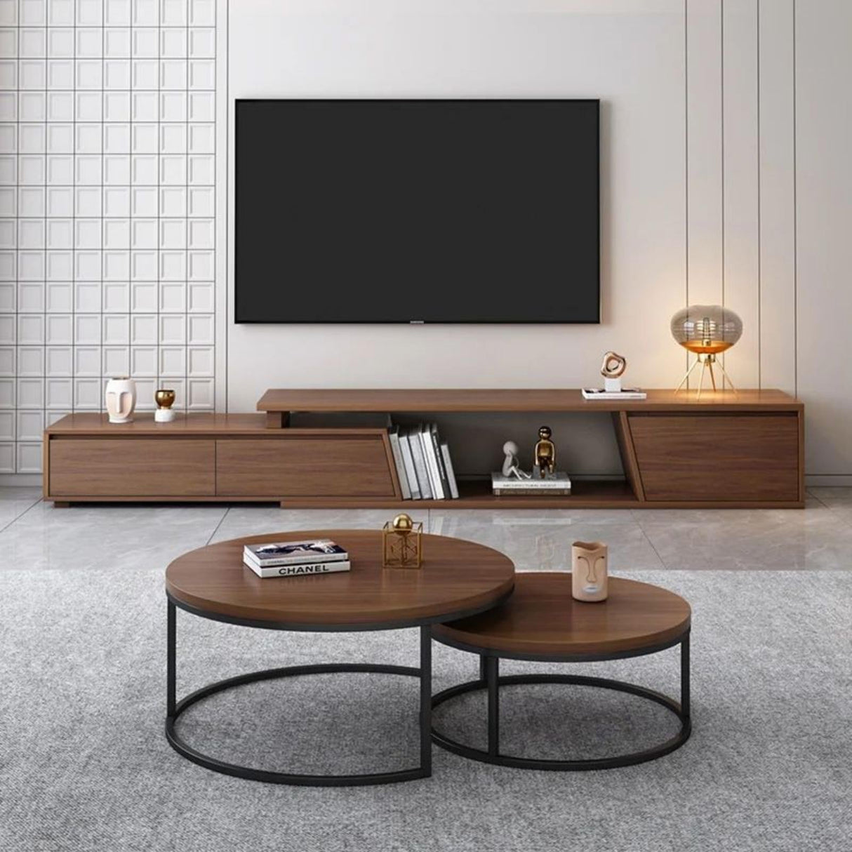 homary Extendable TV Stand with 3 Drawers Minimalist Rectangle Entertainment Center Walnut TV Console Table Up to 110" (Extendable: 70.9”W-110.2”W) homary