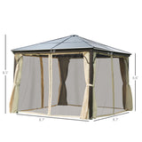 Outsunny 10' x 10' Hardtop Gazebo Canopy with Polycarbonate Roof, Aluminum Frame, Permanent Pavilion Outdoor Gazebo with Netting, for Patio, Garden, Backyard, Deck, Lawn, Beige Outsunny