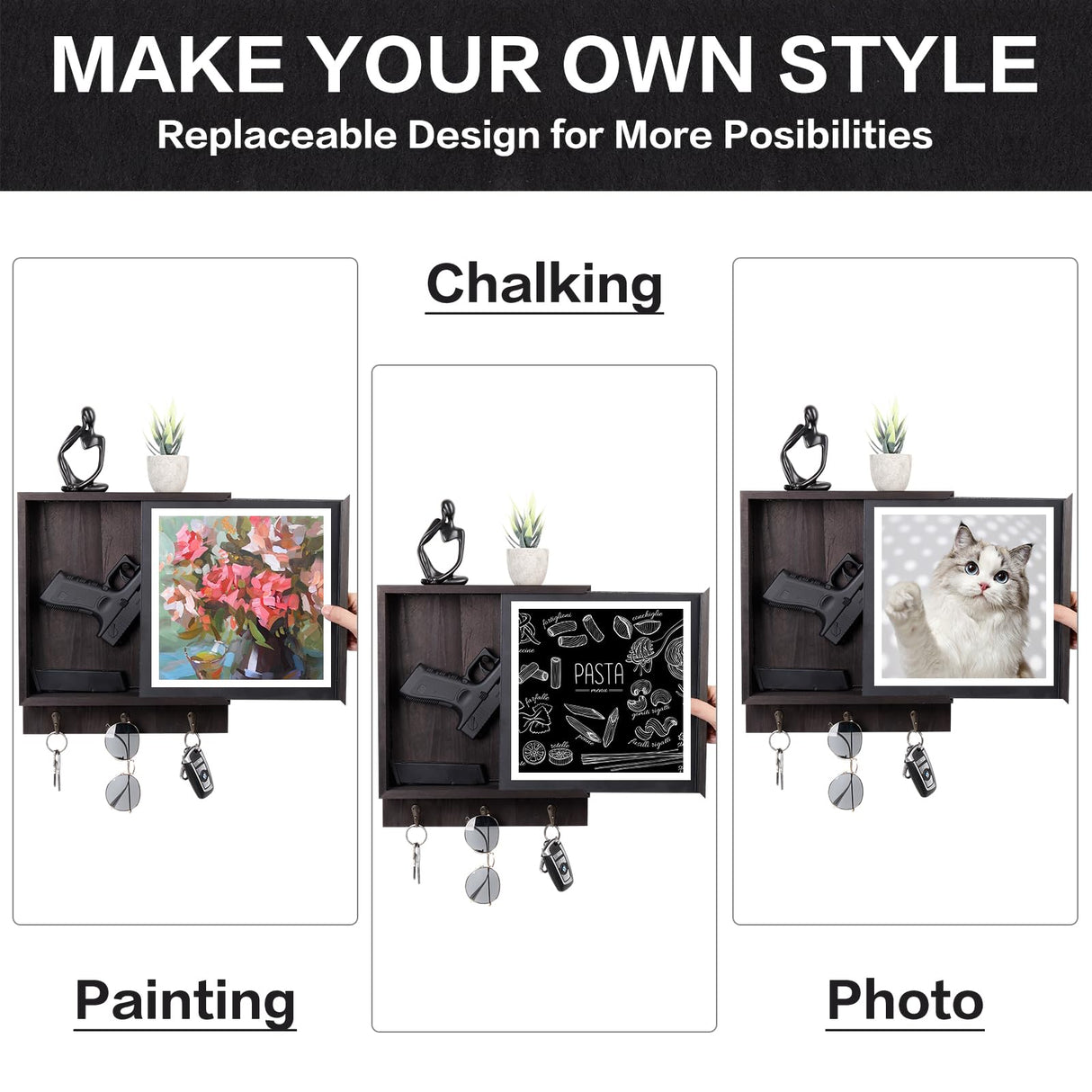 MOCAS Hidden Gun Storage, Hidden Wall Gun Safe Pistol Rack Shelf with 3 Hooks for Secret Decor Concealment Furniture, Art Storage Cabinet Wooden Storage Shelves Indoor Picture Frame(Black) MOCAS