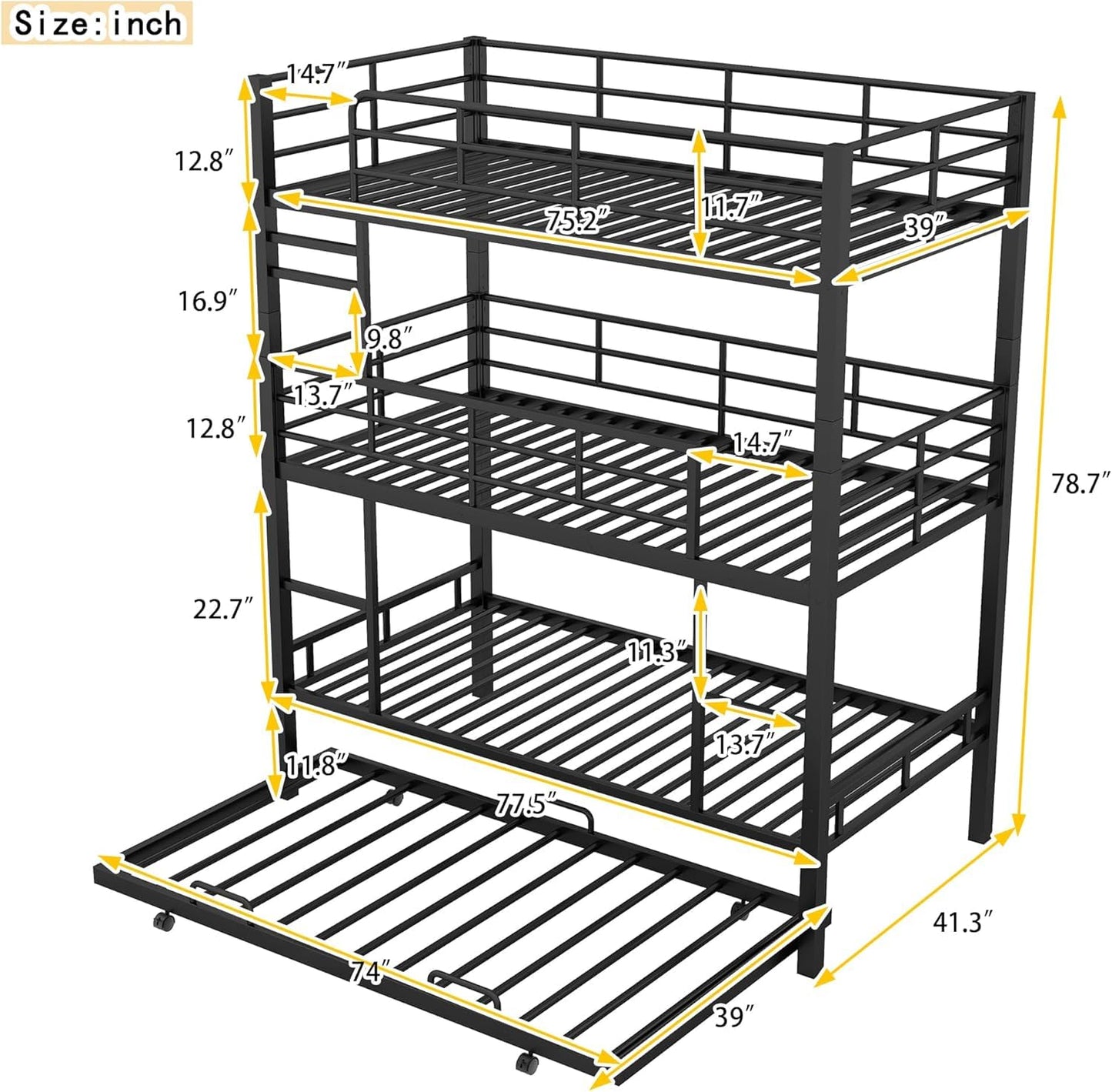 Virubi Twin Over Twin Triple Bunk Bed with Trundle,Detachable Metal Bunk Bed Twin Over Twin 3 Bed Bunk Beds for Kids Twin Bunk Bed with with 2 Ladders and Guardrails (Black)