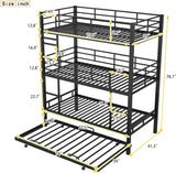 Virubi Twin Over Twin Triple Bunk Bed with Trundle,Detachable Metal Bunk Bed Twin Over Twin 3 Bed Bunk Beds for Kids Twin Bunk Bed with with 2 Ladders and Guardrails (Black) Virubi