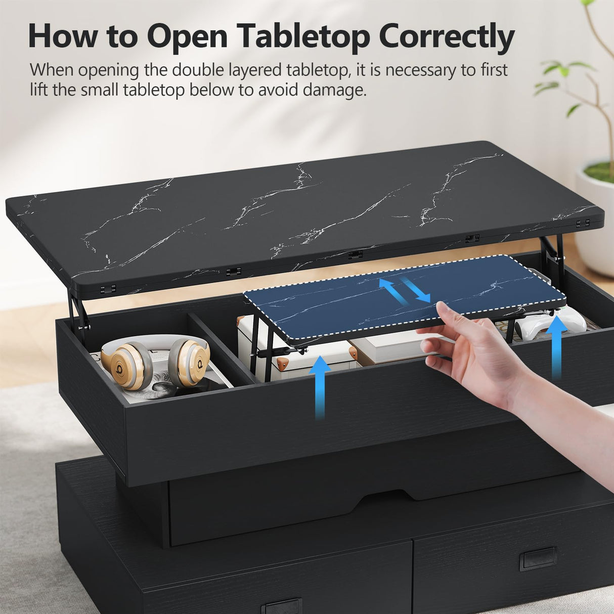 Turosur 40" Lift Top Coffee Table, LED Coffee Tables with Storage and 4 Drawers, Coffee Table with Lifting top for Living Room Home Office Turosur