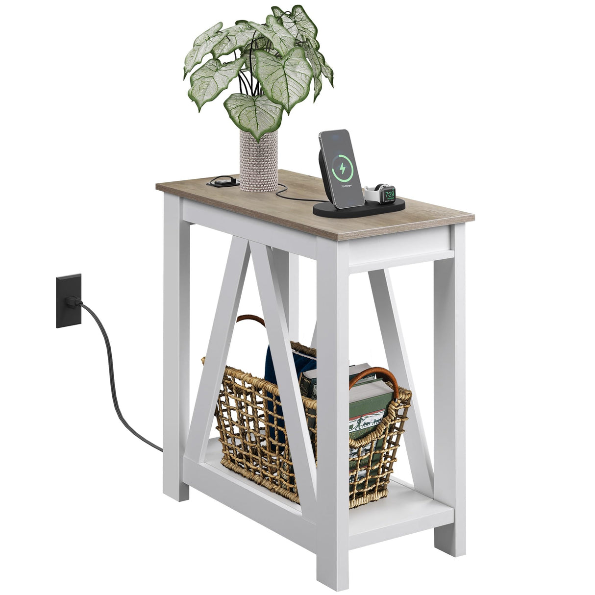 WLIVE Farmhouse End Table, Narrow Side Table with Charging Station, Slim End Table, Side Table for Bedroom, Living Room, Small Spaces, with 2 USB and 2 Power Outlets, 11.8" D x 23.6" W x 23.74" H WLIVE