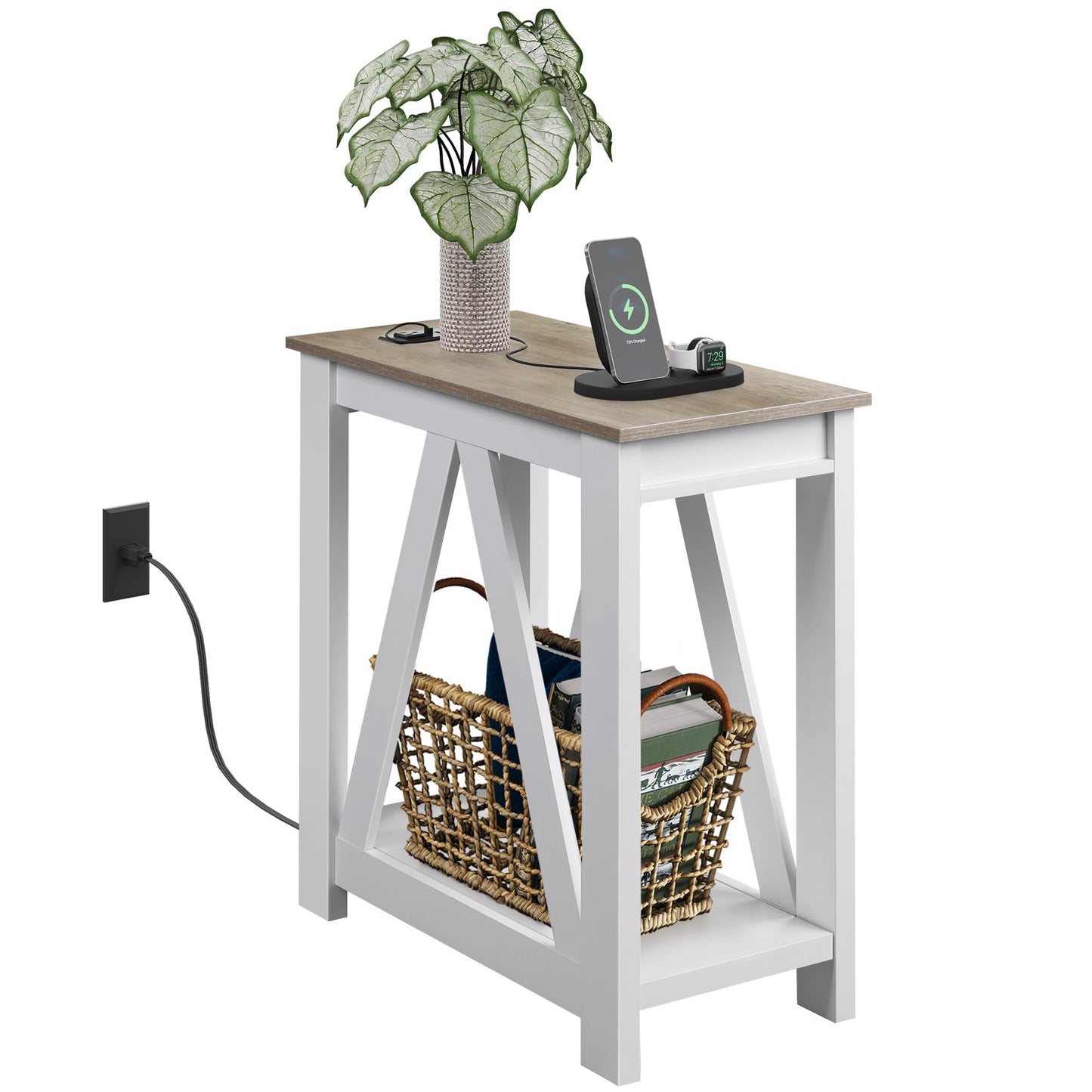 WLIVE Farmhouse End Table, Narrow Side Table with Charging Station, Slim End Table, Side Table for Bedroom, Living Room, Small Spaces, with 2 USB and 2 Power Outlets, 11.8" D x 23.6" W x 23.7 - WoodArtSupply