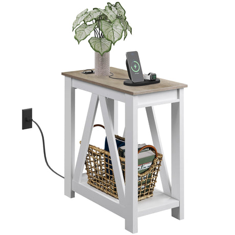 WLIVE Farmhouse End Table, Narrow Side Table with Charging Station, Slim End Table, Side Table for Bedroom, Living Room, Small Spaces, with 2 USB and 2 Power Outlets, 11.8" D x 23.6" W x 23.74" H WLIVE