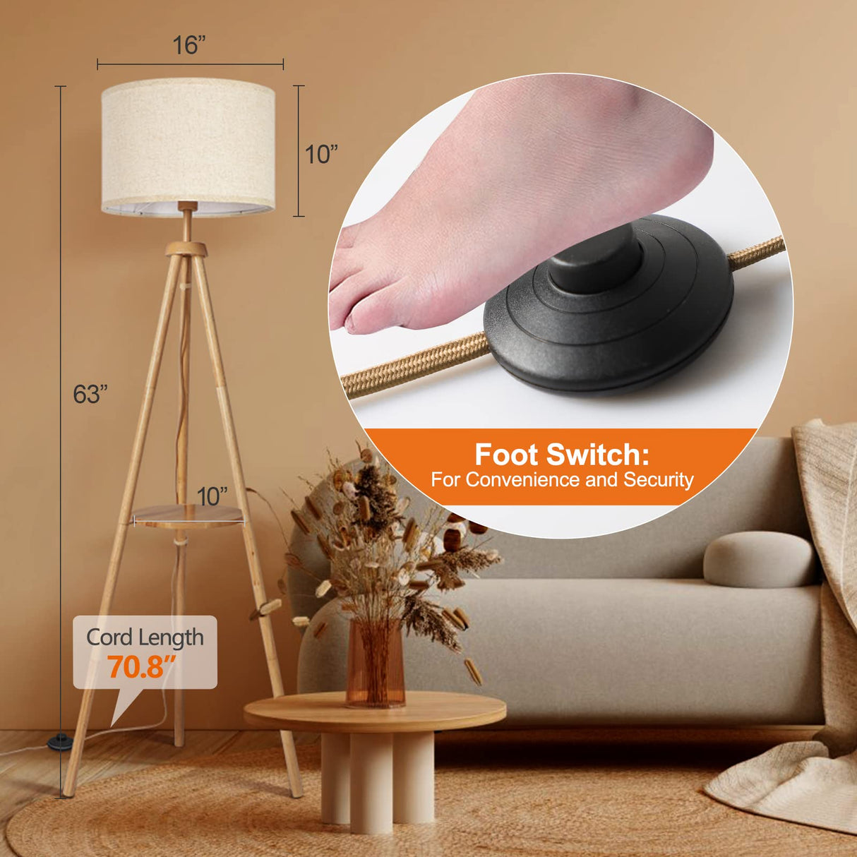 OUTON Wood Tripod Floor Lamp with Shelves, Mid Century Floor Lamp with Remote Control,4 Color Temperature, LED Modern Dimmable Standing Lamp with Beige Linen Shade for Living Room, Bedroom, Office OUTON