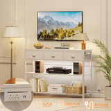 Furologee White Console Table with Charging Station & 3 Fabric Drawers, 38'' Entryway Table with Storage Shelves and LED Light, Industrial Foyer Table for Entry Way, Display Shelf for Hallway Furologee