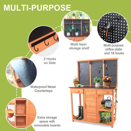 Outdoor Potting Bench,Wooden Potting Table with Metal Tabletop,Garden Work Bench with Drawer and Free Matching Storage Cabinet Shelf/Hooks for Backyard,Patio,Greenhouse (Black, 40 * 59 * 20in) Agitree