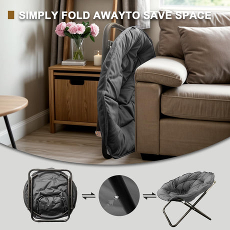 Folding Saucer Chair, Lazy Moon Chair with Metal Frame, Comfy Bedroom Chairs for Bedroom, Living Room, Study Grey JC Grezone