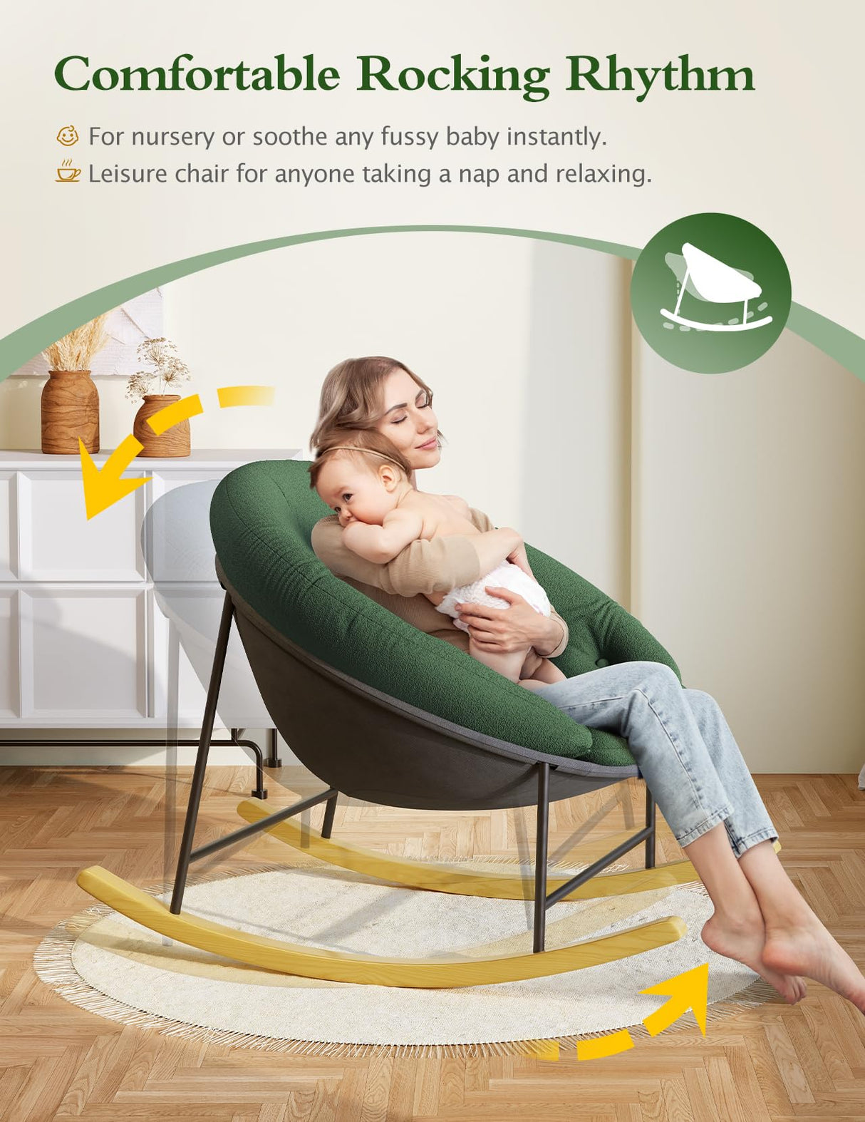 Kidirect Saucer Rocking Chair Nursery, Modern Upholstered Nursery Rocking Chairs and Round Comfy Chair with Cozy Cushion, Comfy Papasan Nursing Chairs for Reading, Fits Living Room &Bedroom &Classroom Kidirect