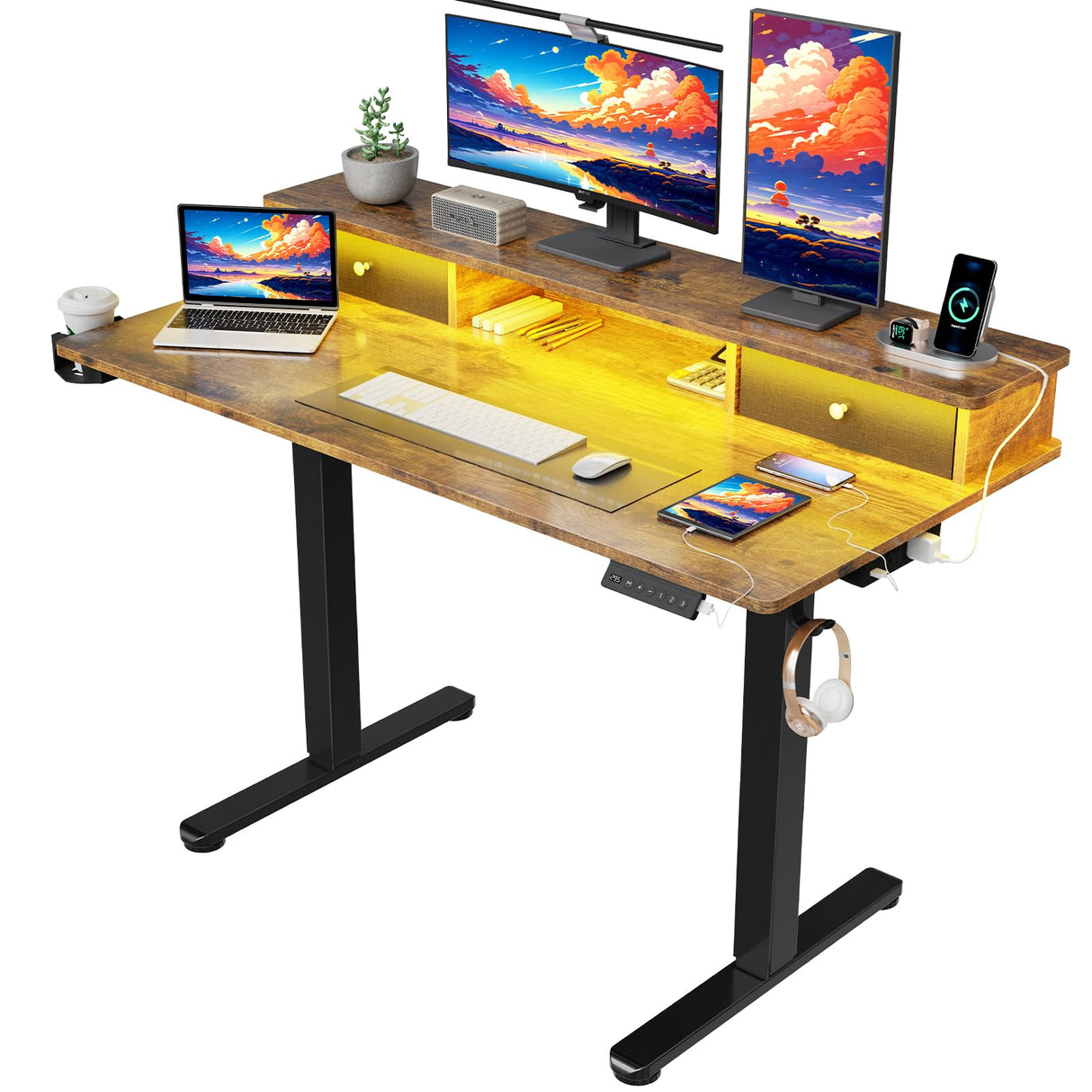 Vabches Electric Standing Desk Adjustable Height, LED Stand Up Desk with Drawers and Charging Station 48 Inch Ergonomic Sit Stand Desk with Storage Uplift Work Desk for Home Office (Rustic Brown) Vabches