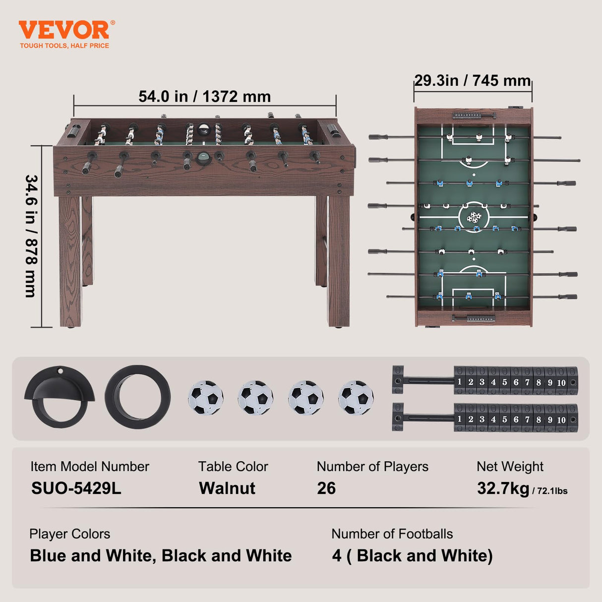 VEVOR Foosball Table, 55 inch Standard Size Foosball Table, Indoor Full Size Foosball Table for Home, Family, and Game Room, Soccer with Foosball Table Set, Includes 4 Balls and 2 Cup Holders VEVOR