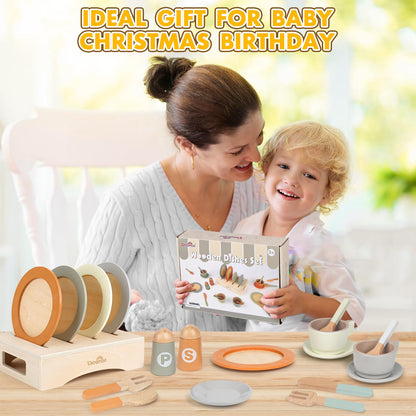 Wooden Play Dishes and Plates for Kids Kitchen Set, 27 PCS Wooden Play Kitchen Accessories, Kitchen Toy for Toddlers 2-4 Years Girls and Boys