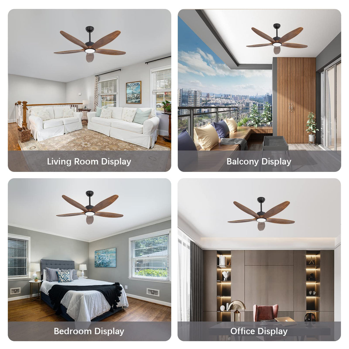 Wozzio 5 Wood Blades Ceiling Fan with Light and Remote,Quiet Reversible DC Motor,6 Wind Speed,LED Dimmable and Memory,for Bedroom/Patios/Living Room,52 inch,Dark Walnut Wood Blades Wozzio