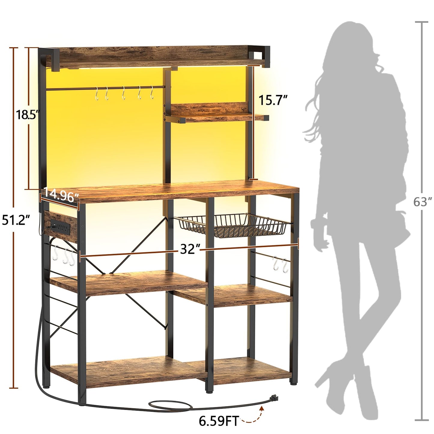 Aheaplus Bakers Rack with Power Outlet and LED Light Strings, Microwave Oven Stand Kitchen Storage Shelf with Wire Basket, Coffee Bar Station Island Table with 10 Hooks for Spices, Pots, Rustic Brown