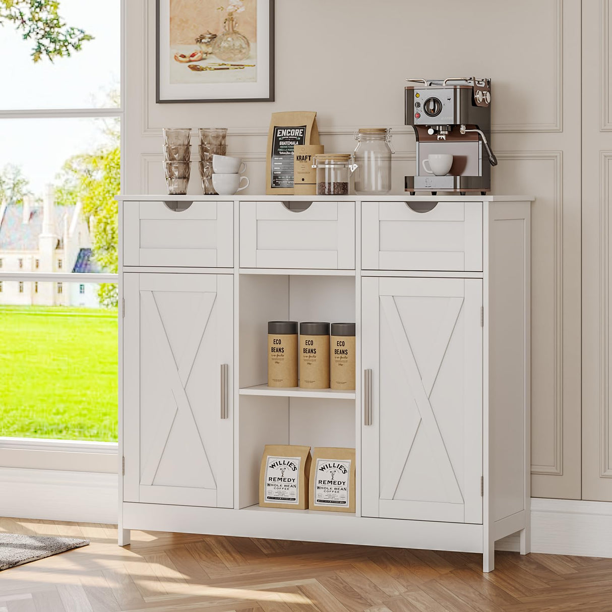 Viaozutis Storage Cabinet, Coffee Bar Cabinet with 2 Adjustable Shelves, 3 Drawers, and 2 Doors, for Bathroom, Kitchen, Living Room (White) Viaozutis