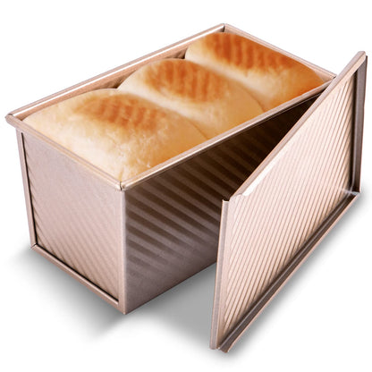 KITESSENSU Pullman Loaf Pan with Lid, 1 lb Dough Capacity Non-Stick Bakeware for Baking Bread, Carbon Steel Corrugated Bread Toast Box Mold with Cover for Baking Bread, Gold