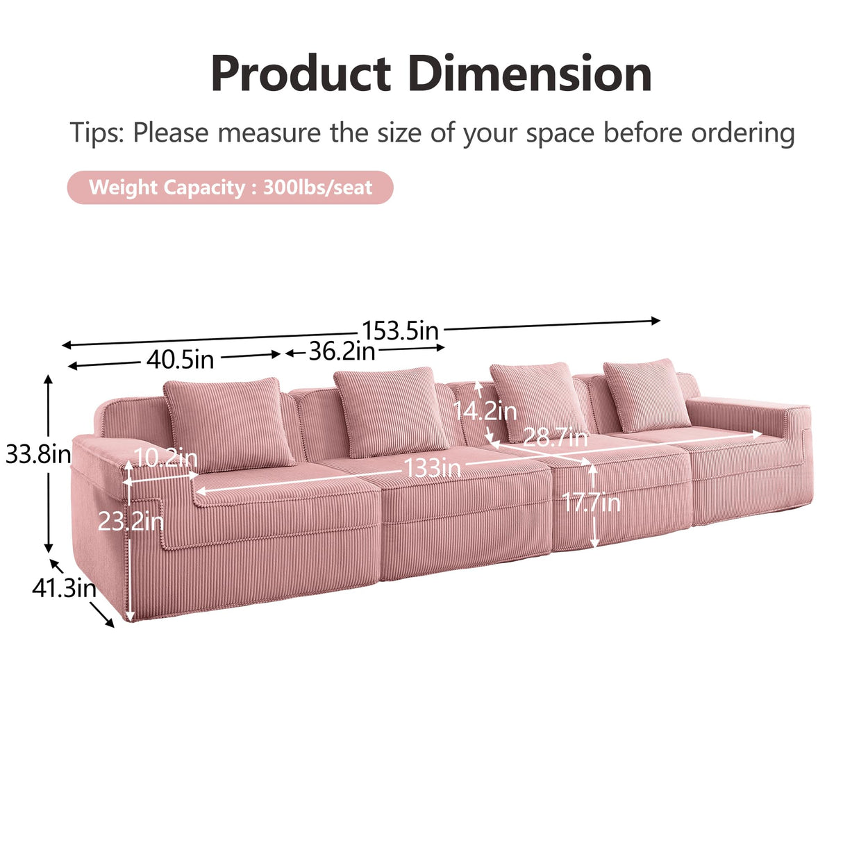 153.5 Cloud Sofa with Deep Seats and Wide Armrests，Boneless Sectional Couch with High Density Memory Foam Sofa, 4 Seater Sofa for Living Room Apartments - No Assembly, Corduroy,Pink HUMEHA