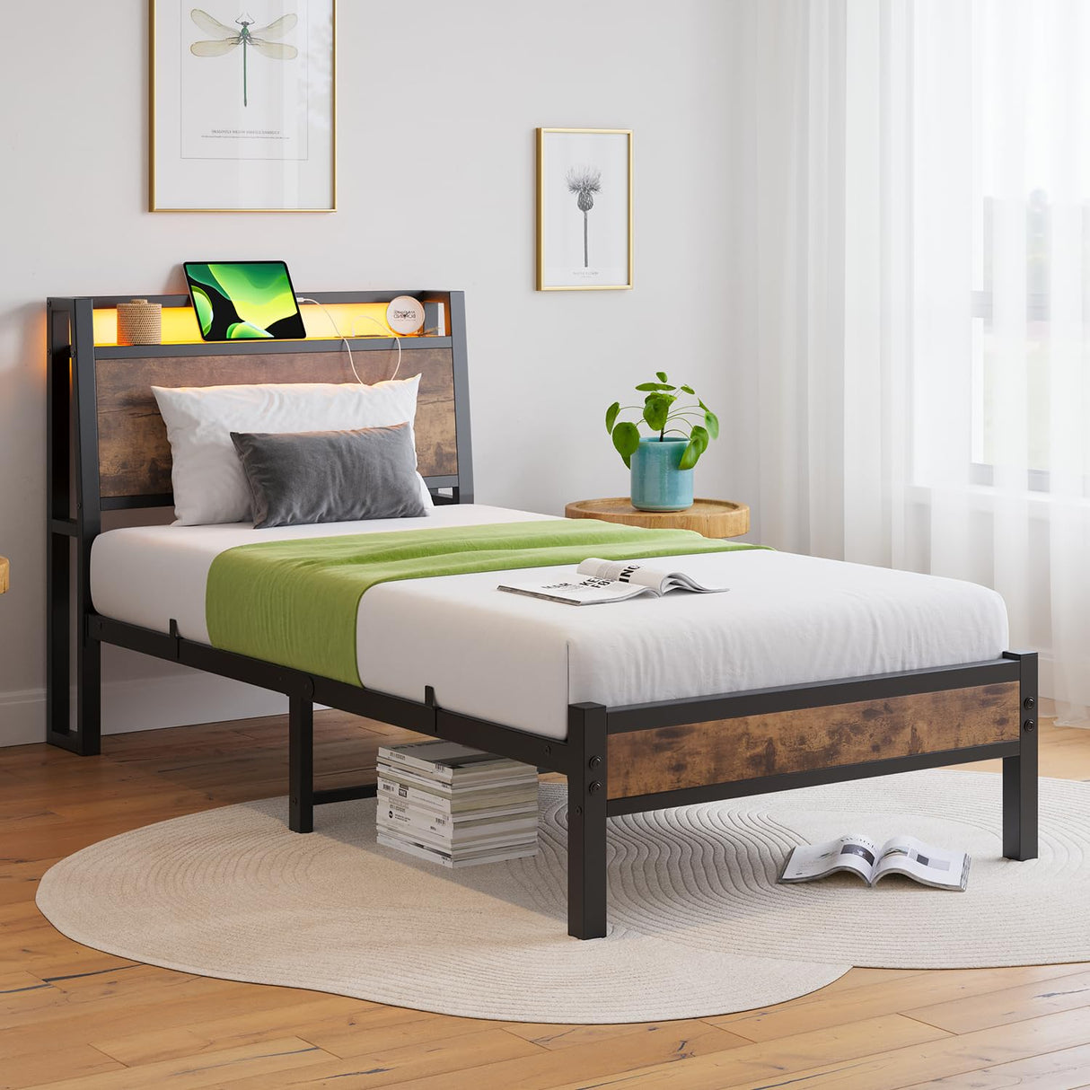 ZGEHCO Twin Bed Frames with Ergonomic Storage Headboard,Metal Platform Bed Frame with Charging Station,LED Bed Frame Twin Size No Box Spring Needed,Heavy Duty Steel Slats,Noise Free,Rustic Brown ZGEHCO