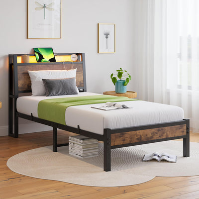 ZGEHCO Twin Bed Frames with Ergonomic Storage Headboard,Metal Platform Bed Frame with Charging Station,LED Bed Frame Twin Size No Box Spring Needed,Heavy Duty Steel Slats,Noise Free,Rustic Brown