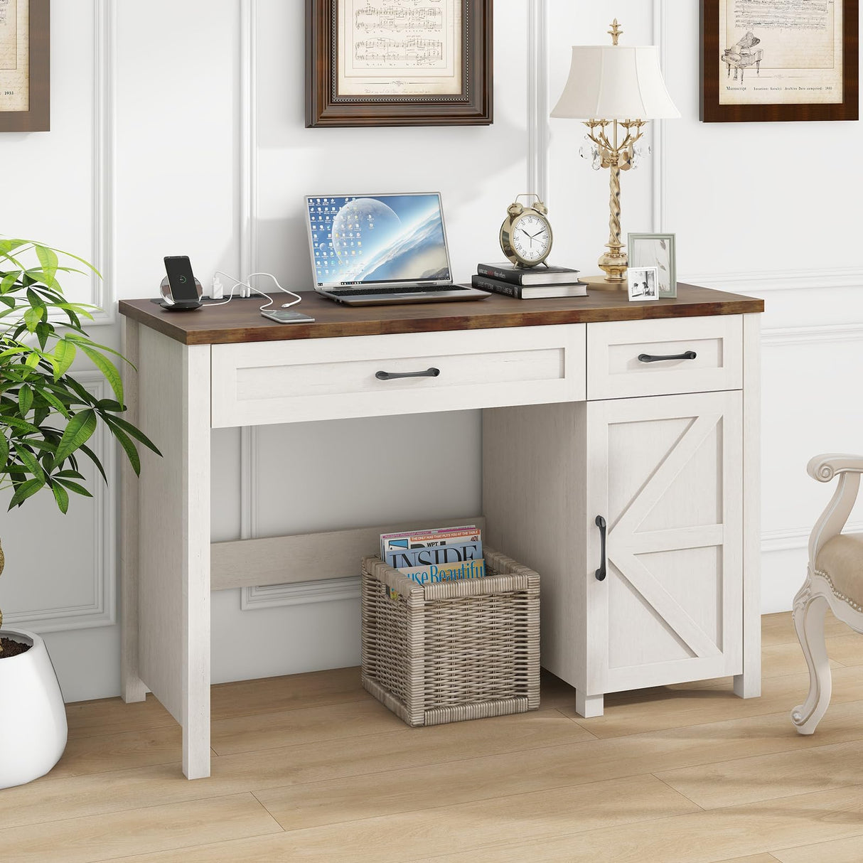 Farmhouse 47" Executive Desk, Computer Desk with Drawers and Storage Cabinet, Workstation Computer Desk for Home Office and Study, Unique White Vabches