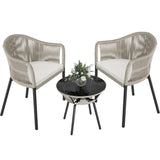 Greesum Rope Woven Patio Furniture 3-Piece Outdoor Wicker Bistro Set for Backyard Porch with Thick Cushions & Glass Table, Gray Greesum