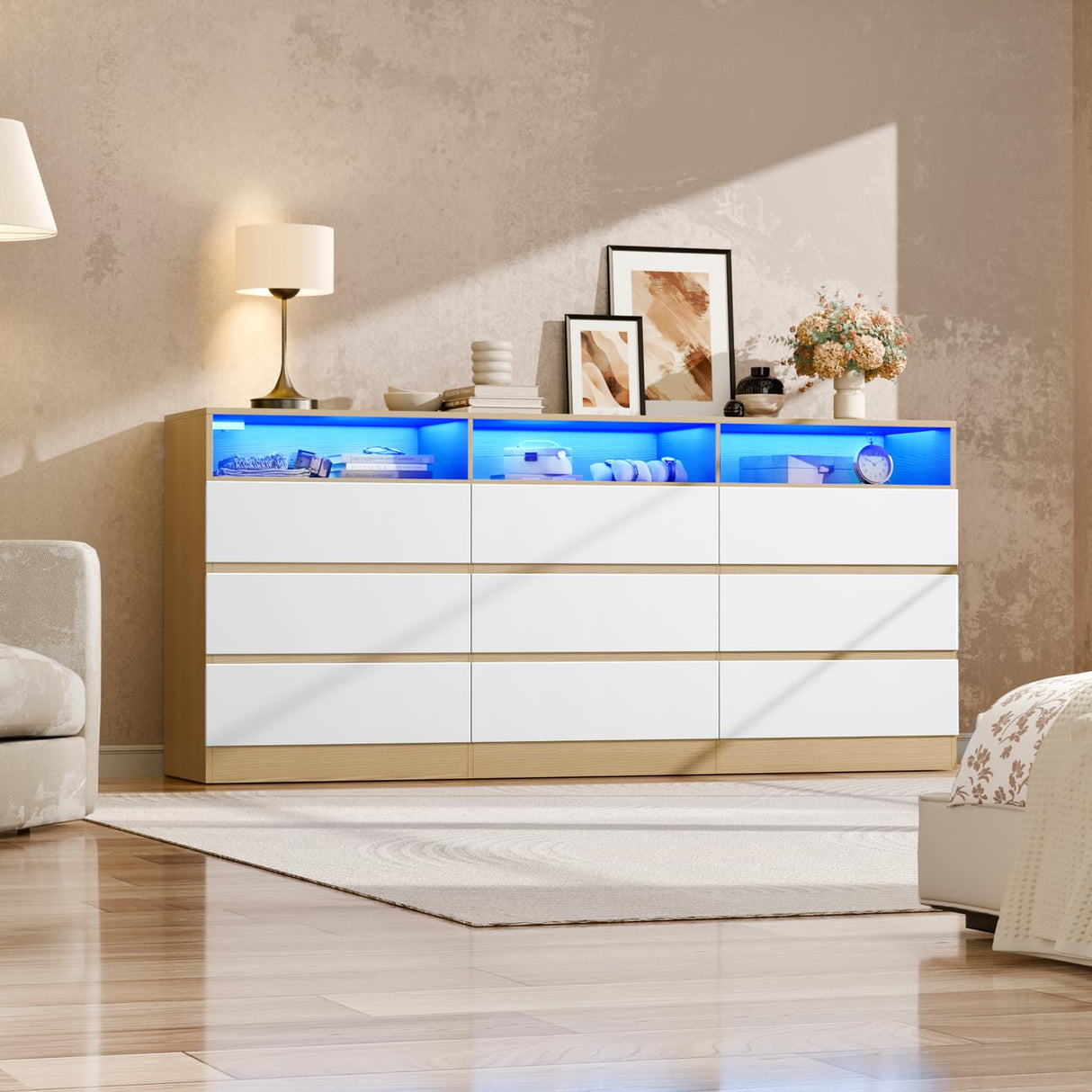 STIKELY 9 Drawer Dresser for Bedroom with Power Outlet and LED Light, Dresser Chest of Drawers for Closet, Modern Dressers Organizer Cabinet for Living Room, Entryway, Hallway STIKELY