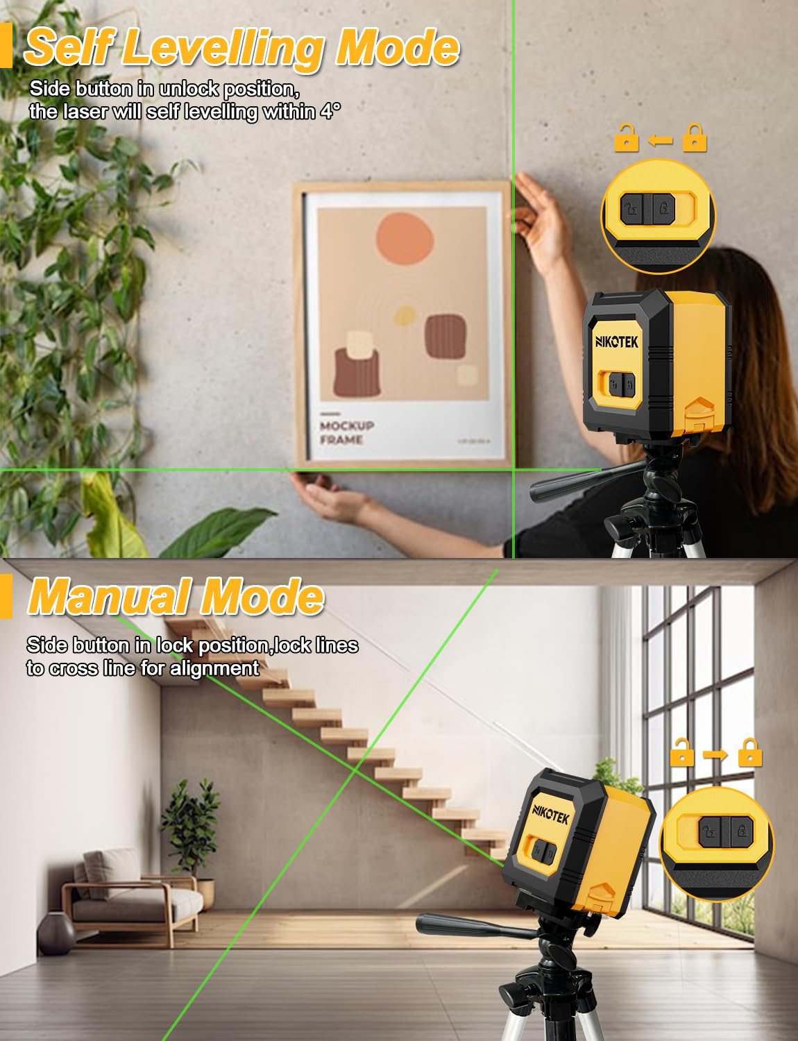 Nikotek Laser Level with Tripod, Self-Leveling Green Beam Horizontal and Vertical Cross-Line Laser for Home Decoration Carrying Pouch, Battery Included Nikotek