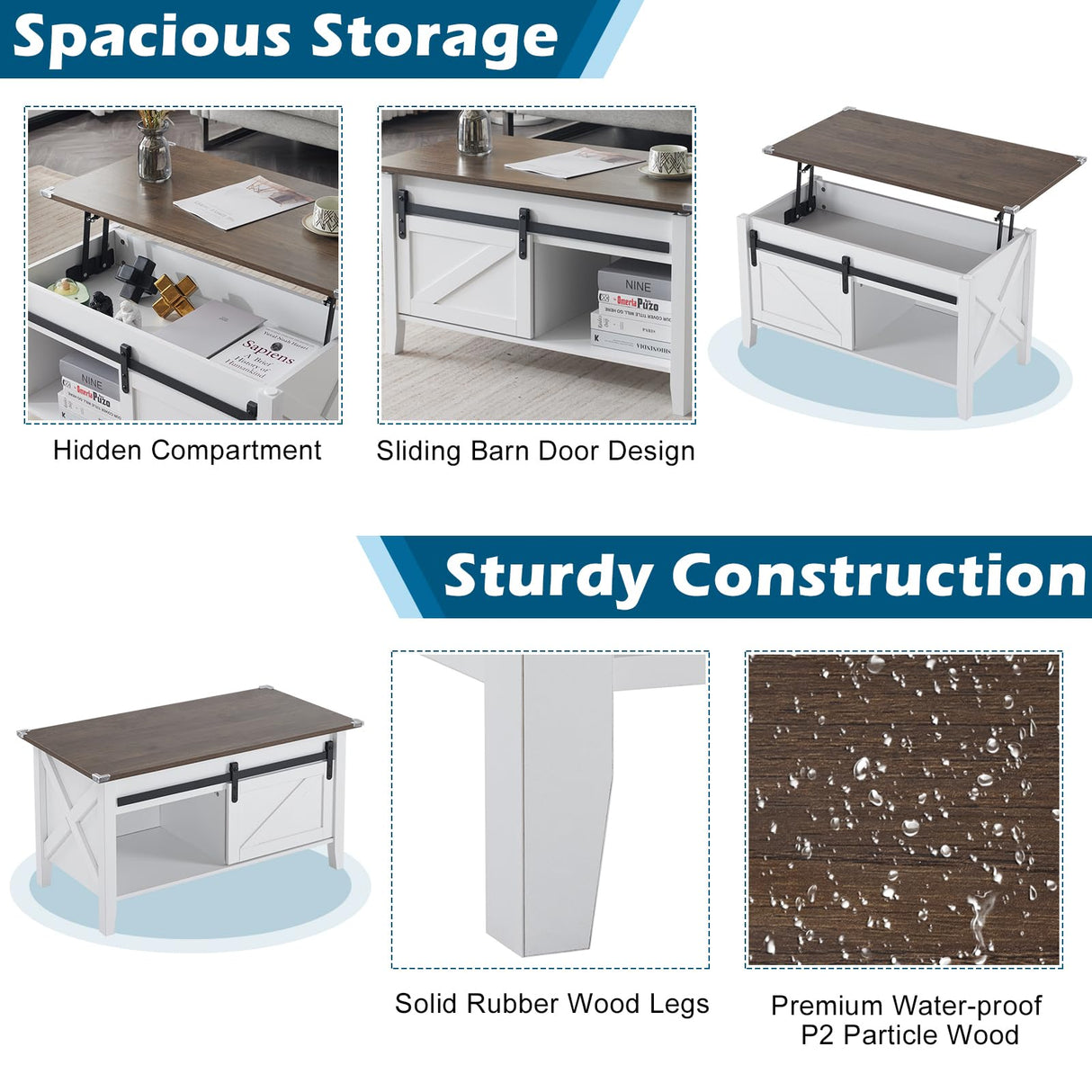 VINGLI White Oak Lift Top Coffee Table, 36" Small Farmhouse Barn Door Coffee Table with Storage, Rectangular Center Wood Coffe Table with Lifting Top,Lift Up Living Room Tables with Hidden Compartment VINGLI