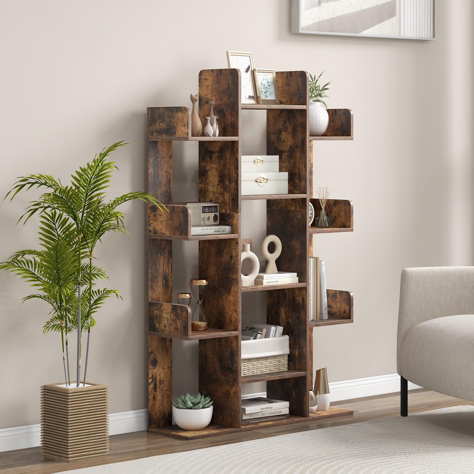 Giantex Rustic Brown 7-Cube Tree Bookshelf with 13 Open Shelves - Stylish Corner Storage Organizer for Living Room and Study - WoodArtSupply