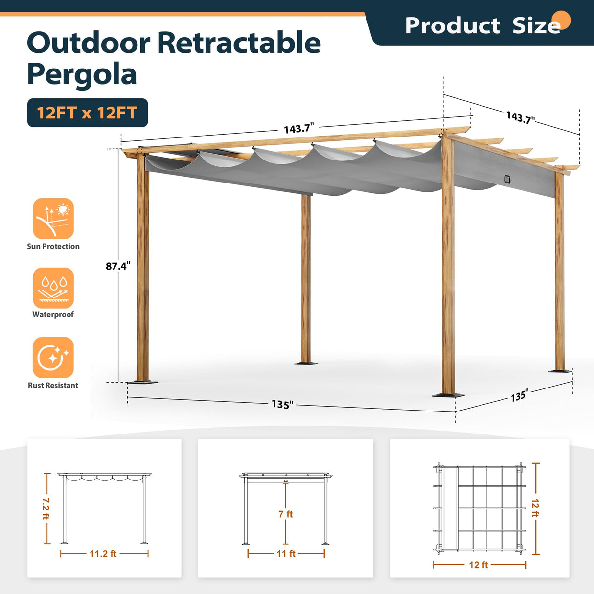 HAPPATIO 12' X 12' Retractable Pergola Canopy for Backyard, Garden, Patio; Woodgrain-Look Aluminum Frame with Retractable Pergola Canopy, Includes Anchors and Expansion Screws (Grey) HAPPATIO