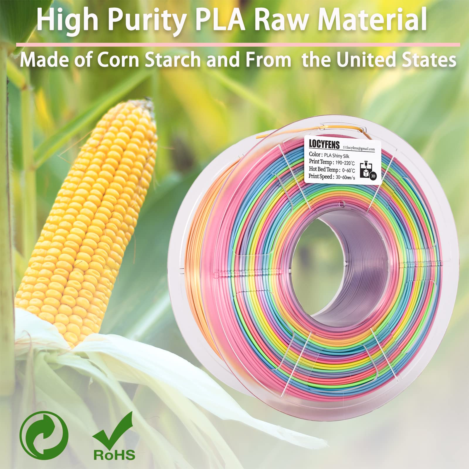 LOCYFENS Silk PLA Filament Multicolor, 3D Printer Filament Rainbow PLA Filament 1.75mm +/- 0.02mm, 3D Printing Filament 1kg/2.2lbs - WoodArtSupply