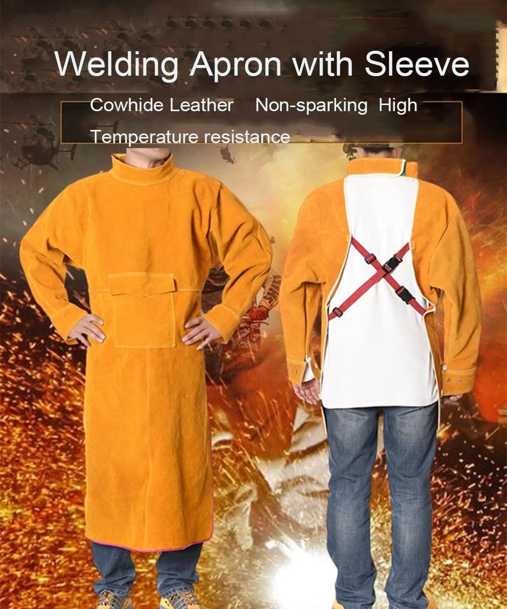 Senvitate Leather Welding Apron with Long Sleeve, Flame Resistant Welding Jacket for Men, Heavy Duty Weld Coat Blacksmith Work Apron Senvitate