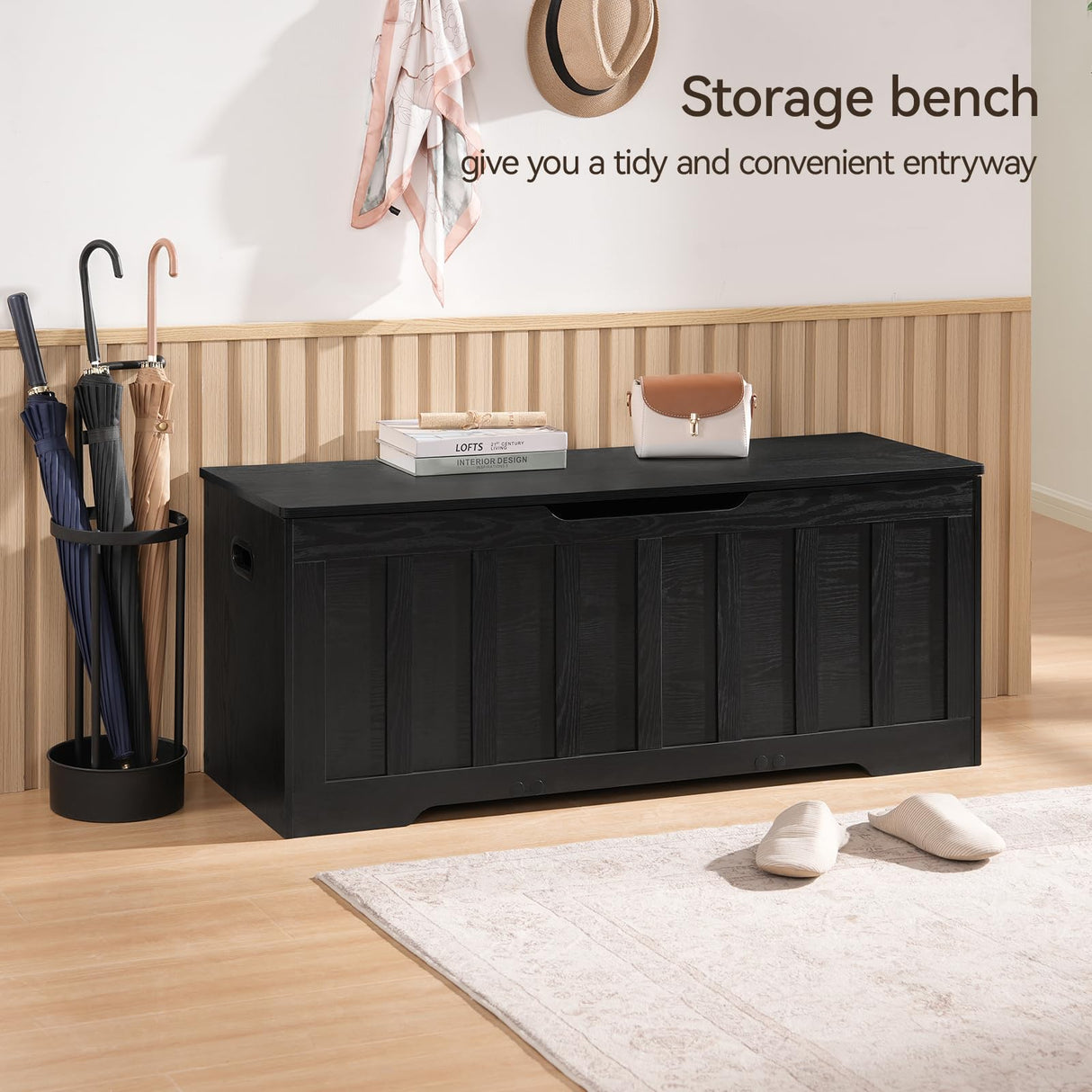 VANKILEY 47.2" Storage Chest Extra Large,Storage Trunk with 2 Safety Hinges,Wooden Storage Bench,Shoe Bench,47.2x15.7x19.1 Inch,Easy Assembly,Storage Bench for Bedroom,Living Room,entryway(Black). VANKILEY