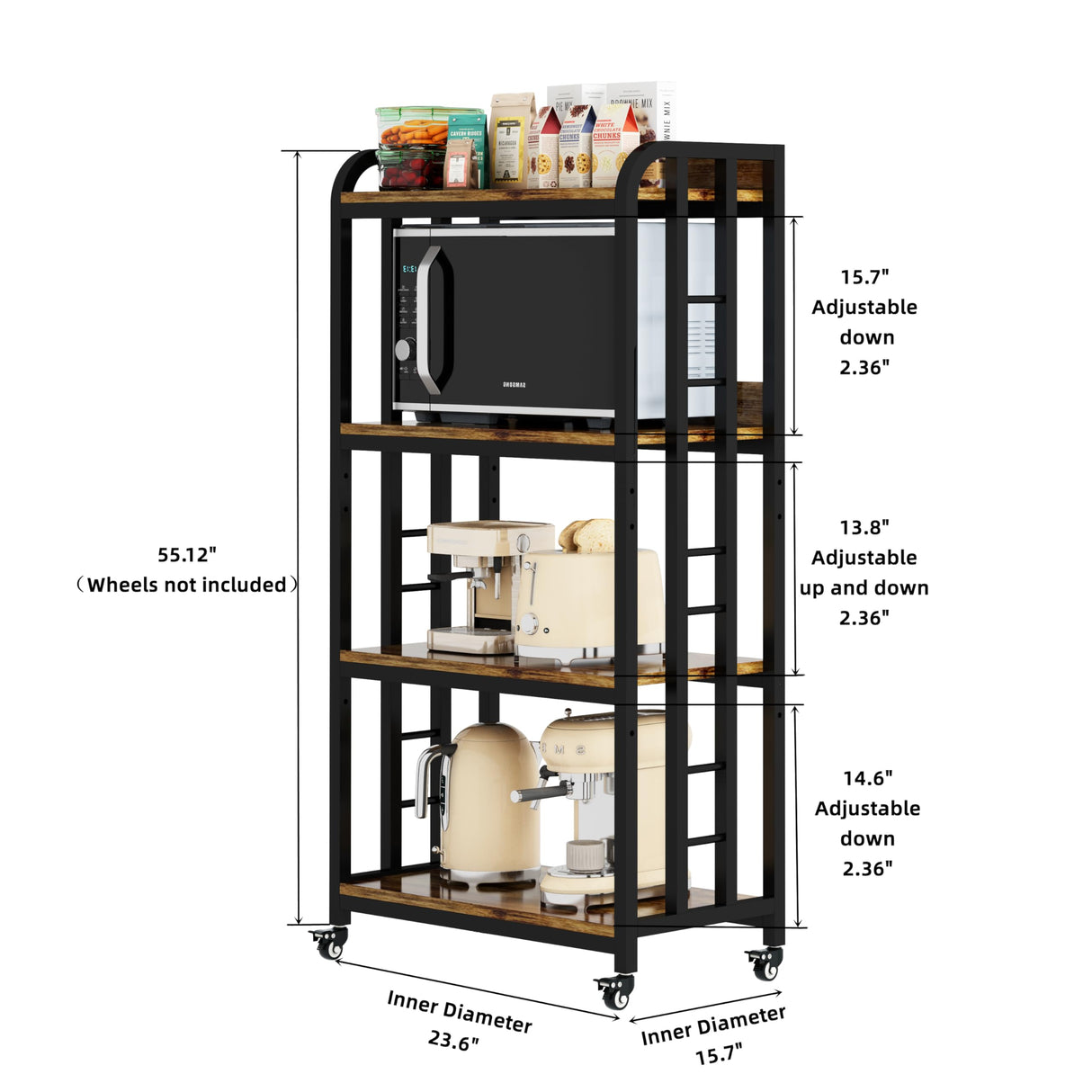 4-Tier Kitchen Baker's Rack with Rolling Wheels, Microwave Oven Cart Stand, Adjustable Utility Shelving Storage Unit, Heavy Duty Organizer Rack for Living Room, Garage, Home and Office(Brown) SUININGCOOL