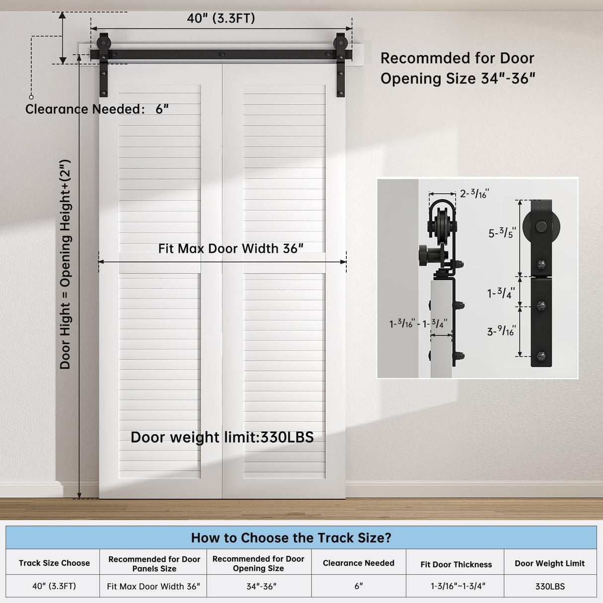 BONIKLUBA 40" Bi-folding Sliding Barn Door Hardware Kit for 2 Doors,Smoothly&Quietly,Black Track J Shape Roller-[Doors not included] BONIKLUBA