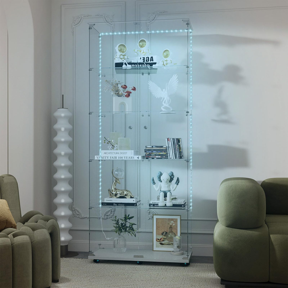 Buzleer Glass Display Cabinet with Lock LED Lighting 5-Tier 2-Door Curio Cabinets Full Vision Showcase Tempered Glass Display Case with Wheels for Living Room Bedroom Office, 74.6"*30.9"*13.6",White Buzleer