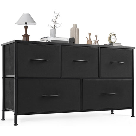 OLIXIS Dresser for Bedroom, 5 Storage Fabric Drawers, Metal Frame and Wooden Top, Tall Storage Drawer Dresser for Closet with Easy Pull Handles for Living Room, Entryway, Small Space Black OLIXIS