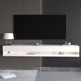 SUSSURRO Floating TV Stand Wall Mounted with LED Lights and Power Outlets, 71'' Modern High Gloss Entertainment Center for 85 inch TVs, Media Console Hanging TV Shelf for Living Room? White SUSSURRO