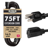 Cablectric Weatherproof Black Extension Cord 75 ft, 16/3 SJTW 75 Foot Outdoor Extension Cord 3 Prong, Heavy Duty Exterior Power Cable Great for Outdoor Lights, Landscaping & Lawn - UL Certified Cablectric