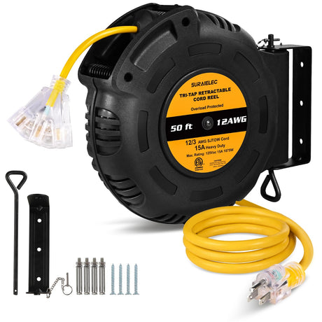 SURAIELEC 12 Gauge Retractable Extension Cord Reel, 50 FT 12 AWG/3C SJTOW Heavy Duty Power Cord, 3 Outlets Triple Tap, 15 AMP Circuit Breaker, Ceiling/Wall Mount, ETL Listed SURAIELEC