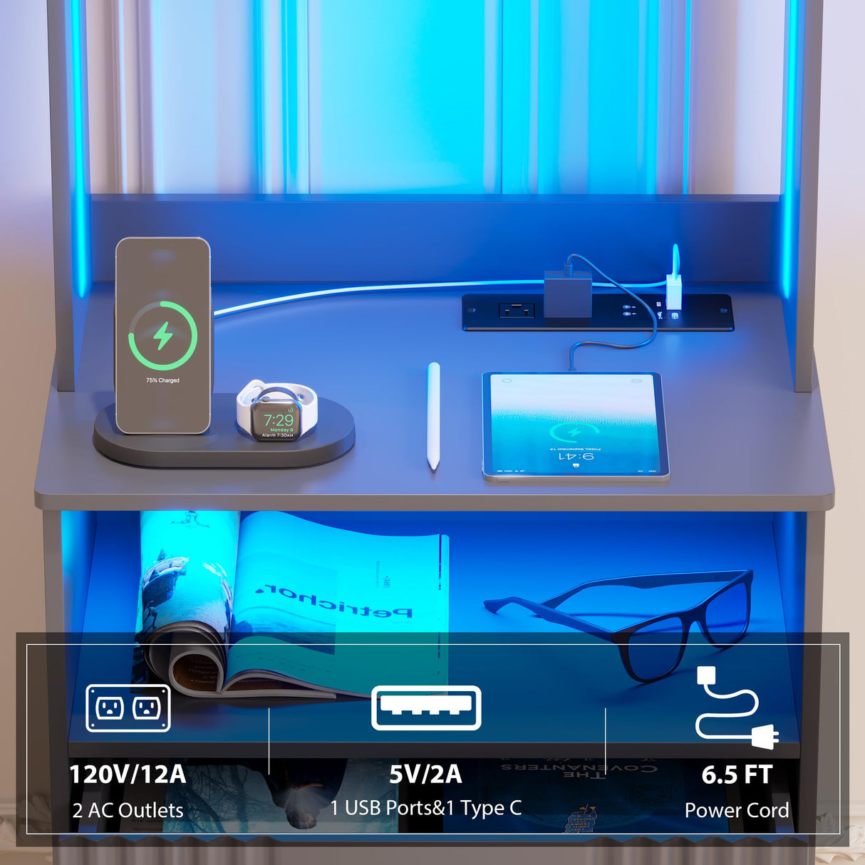 Vlsrka Smart Tall Nightstand with LED Lights and Charging Station - Modern Grey Bedside Table with Bookshelf and Storage Cabinet Vlsrka