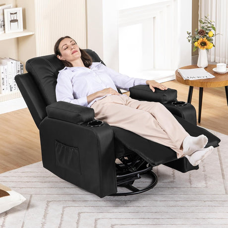COMHOMA Recliner Chair, Swivel Rocker Recliners, Massage and Heat Reclining Chair, Reclining Sofa with Side Pockets, Cup Holders for Living Room, Bedroom (Black) COMHOMA