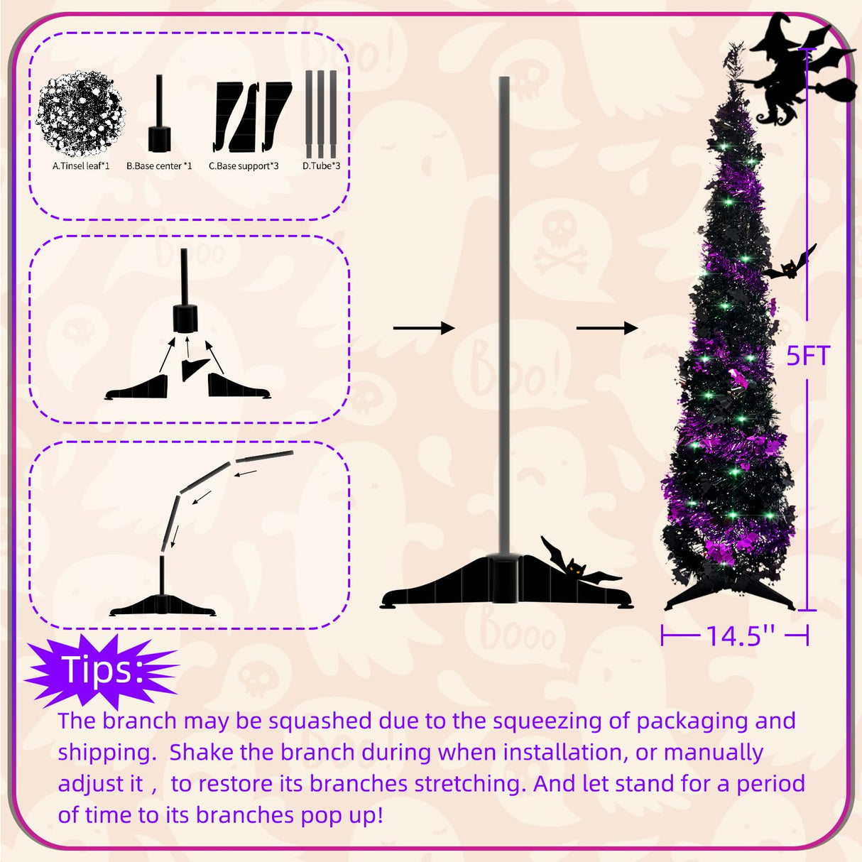 Pop up Christmas Tree for Indoor Decoration,5FT Pre-lit Mini Halloween Tree with 60 Lights,Black Artificial Pencil Tree Collapsible Tinsel Lighted up Christmas Tree luxfcup