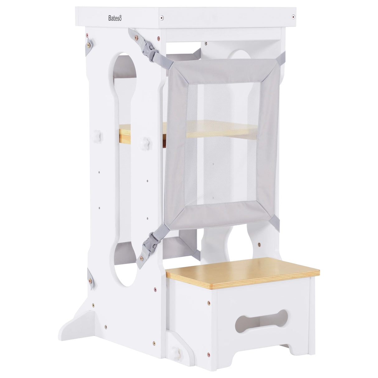 Bateso Toddler Standing Tower, Adjustable Height Toddler Kitchen Stool Helper for Kids 1-6, Toddler Kitchen Step Stool with 2 Detachable Nets, Wooden Montessori Toddler Tower for Kitchen Counter Bateso