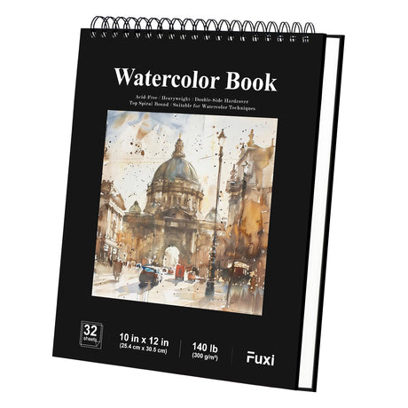 Watercolor Sketchbook 10"x12", 32 Sheets (64 Pages) Water Color Paper, 140lb/300gsm Watercolor Paper, Spiral Hardcover Watercolor Notebook. Fuxi