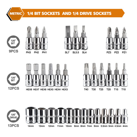 Egofine 46 Pieces 1/4 inch Drive Socket Ratchet Wrench Set, with Bit Socket Set Metric and Extension Bar for Auto Repairing and Household, with Storage Case Egofine