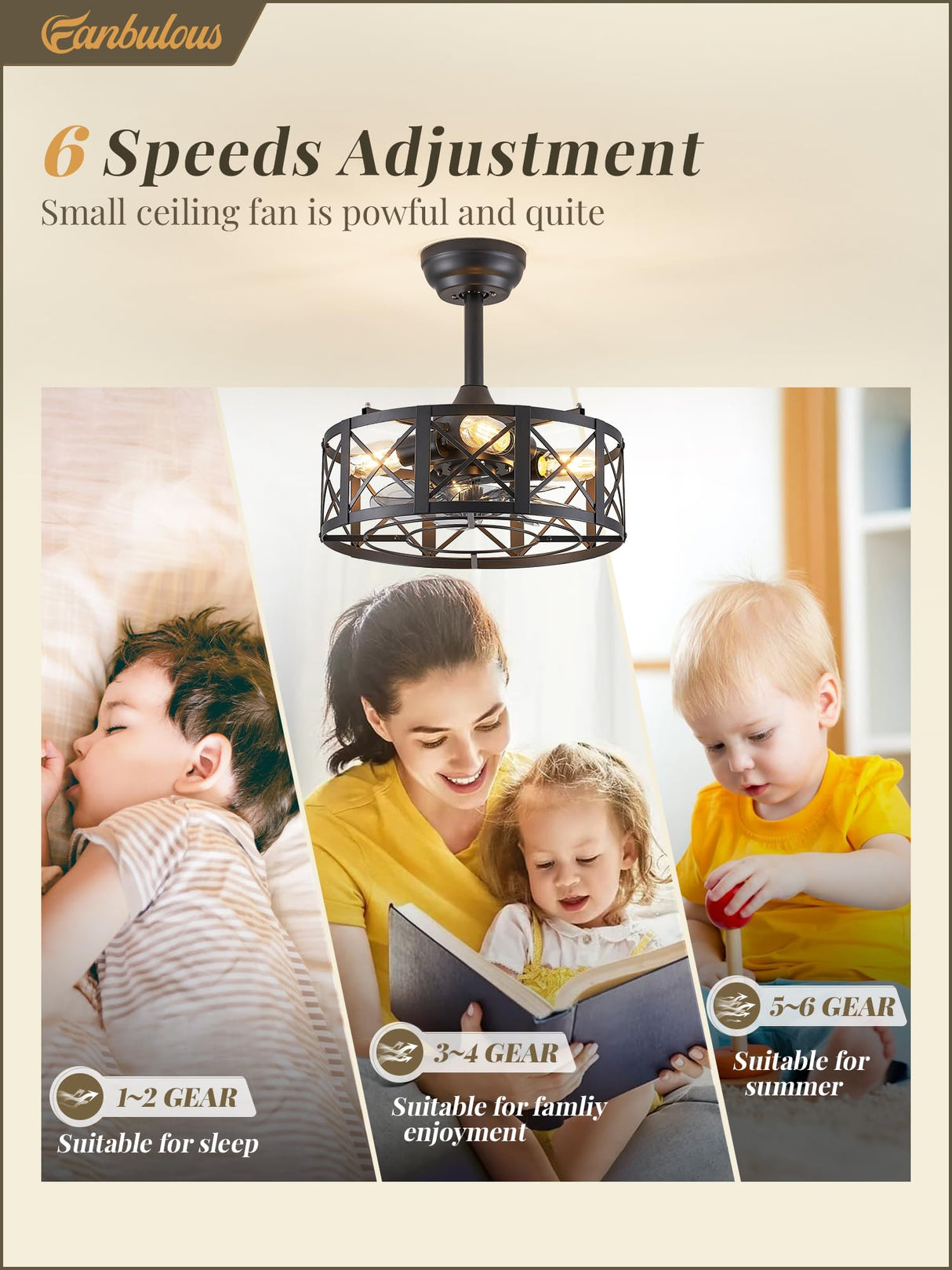 Fanbulous 16in Caged Ceiling Fans with Lights and Remote, Black Fandelier Ceiling Fan with 6 Speeds and Timing, Farmhouse Samll Fan Lights Ceiling Fixtures for Kitchen, Bedroom, Outdoor-Black X Fanbulous